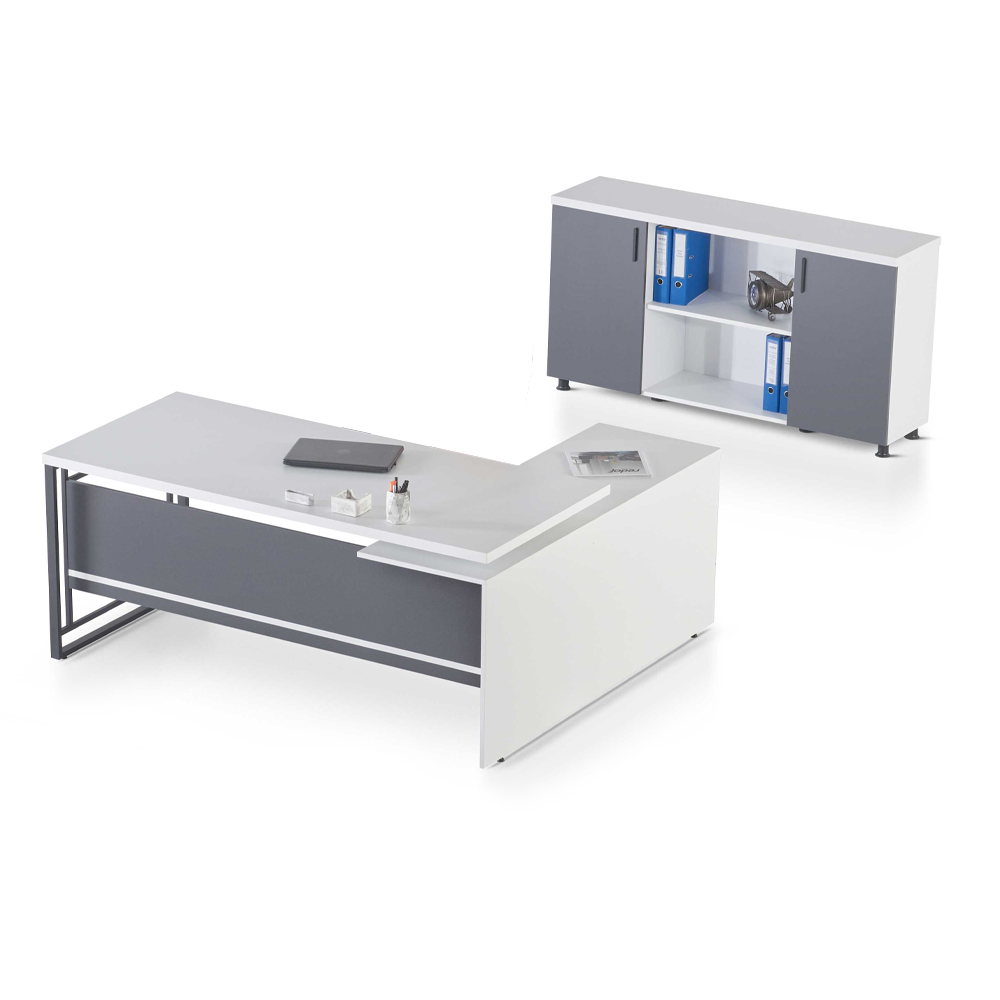 White-Gray Office Furniture Designer Desk Wood Sideboard 2-piece