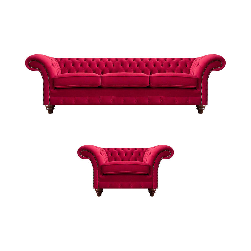 Chesterfield Red Couch Set Elegant Fabric Armchair Upholstered Three-Seater