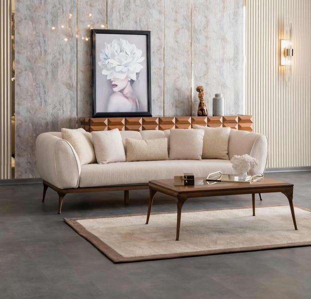 Beige 3-seater sofa with armrests, couch, coffee table.