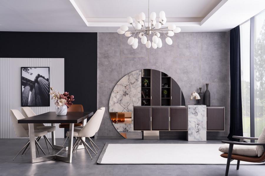 Dining room table chairs sideboard mirror dining table leather marble look