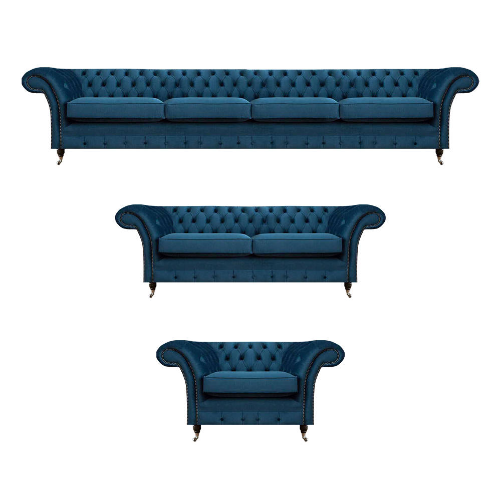 Dark blue Chesterfield sofas complete seating group furniture 3-piece set
