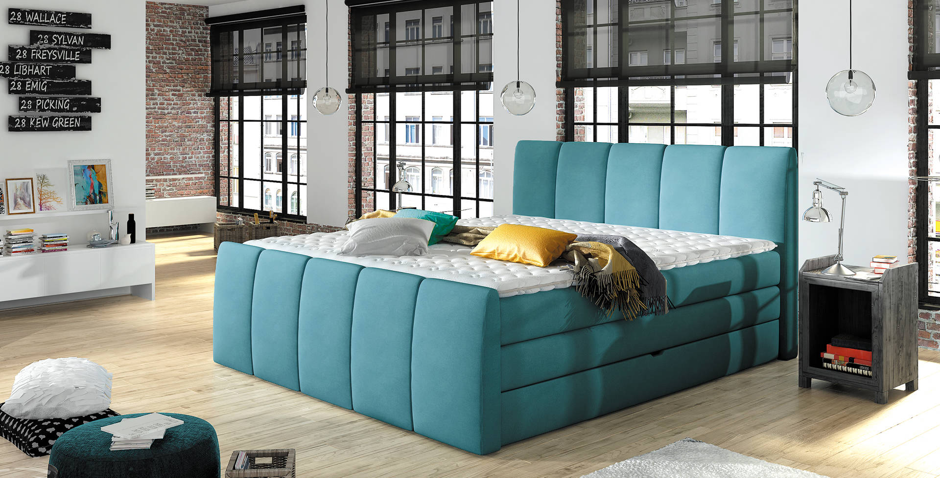 Box spring bed beds blue 180x200 bedroom textile hotel bed upholstered design