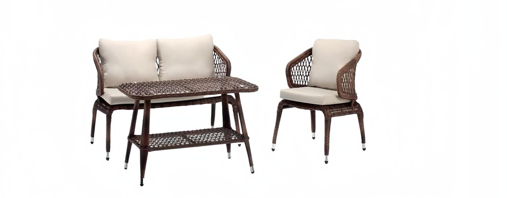 Brown sofa set, modern garden furniture, luxury coffee table, sofa, 2-seater, armchair.