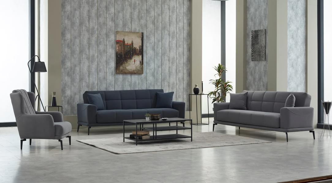 Complete three-seater sofa set gray 3-piece fabric sofa couches.