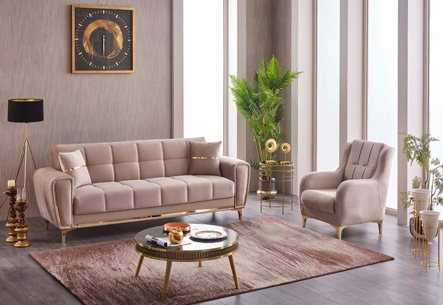 Beige 3-seater sofa set, upholstered fabric sofa, 2-piece couch.