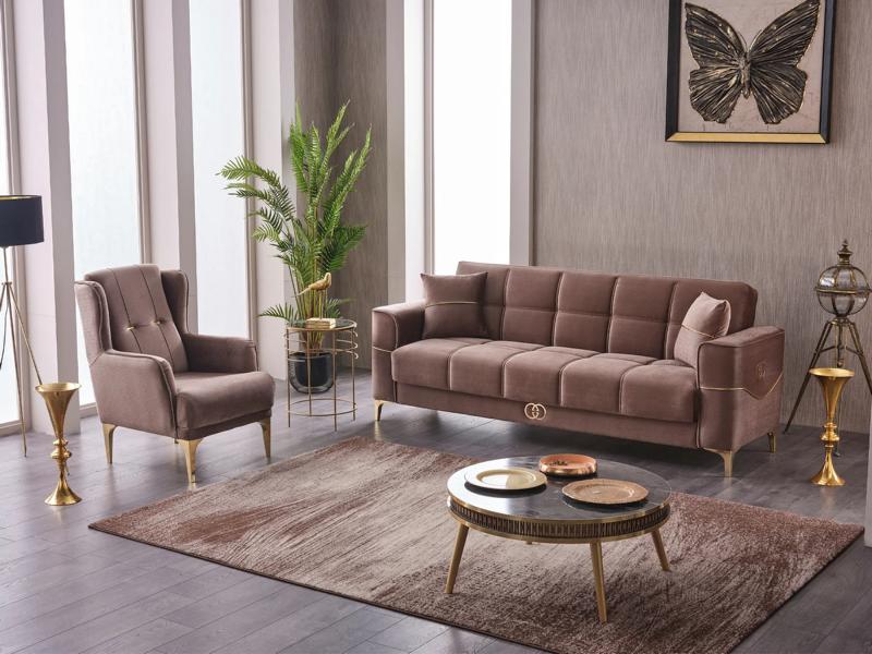 3-seater sofa set upholstered brown fabric couch 2 pieces