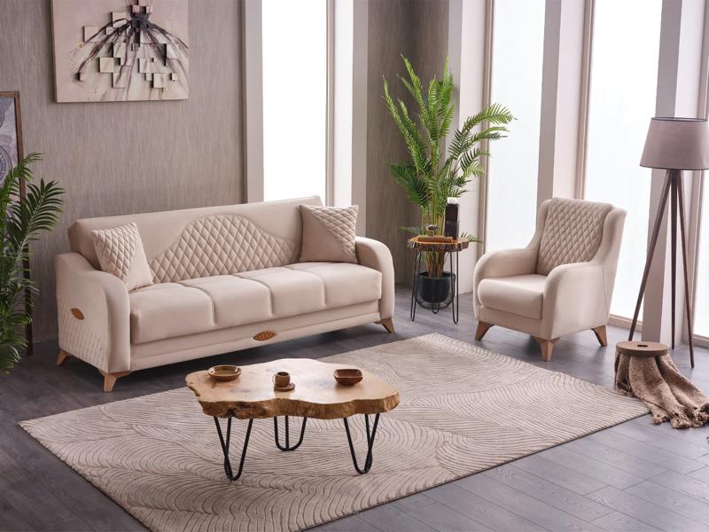 Complete three-seater couch, 3-seater fabric sofa, upholstered sofa, beige.