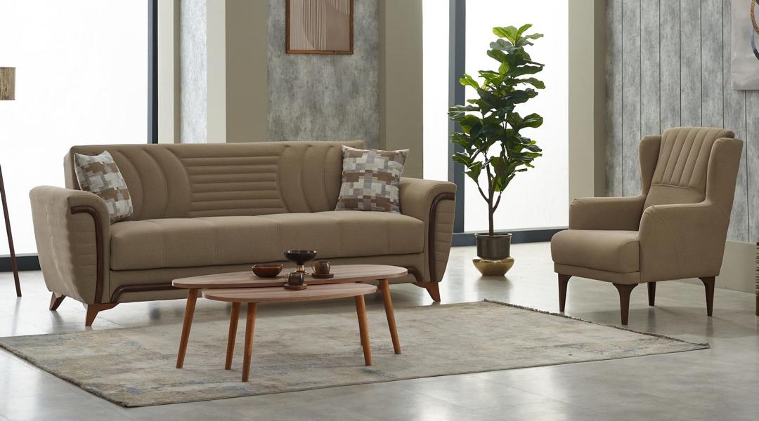 Complete three-seater armchair, 3-seater fabric sofa, upholstered sofa, beige couch.