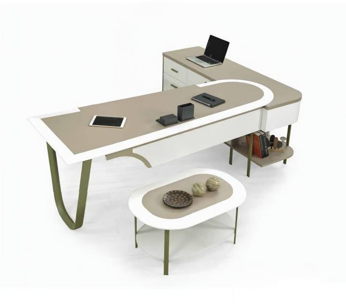 Designer desk in L-shape with oval coffee table and drawers for the study.