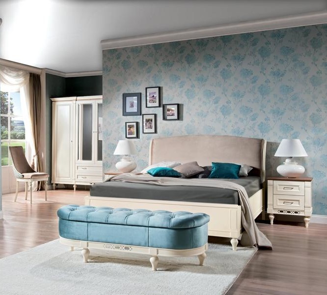 Bedroom set 4-piece bed with 2 nightstands stylish bench complete