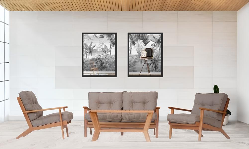 Garden furniture seating group sofa wood gray 4-piece set with coffee table