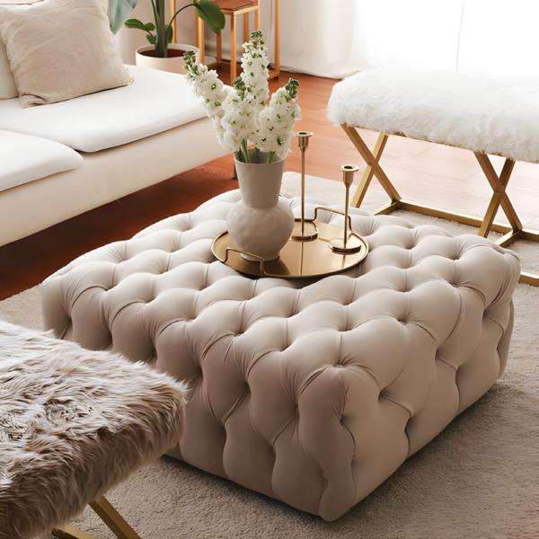 Ottoman table living room seating pouf footstool fabric seat beige