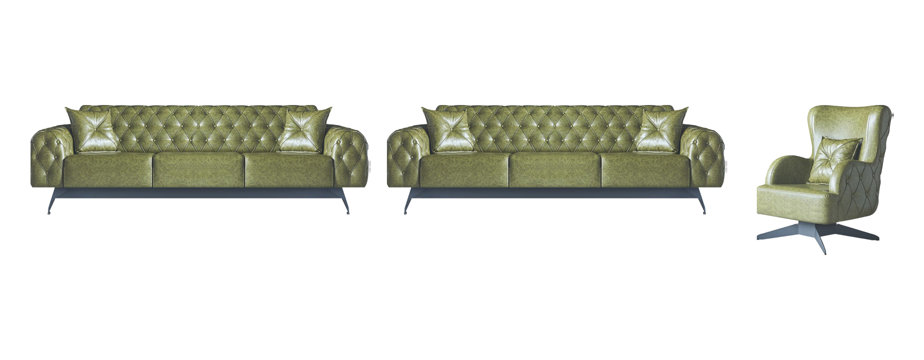 Chesterfield leather sofas 3-piece set 2x 3-seater armchairs green classic couch 3-piece set.