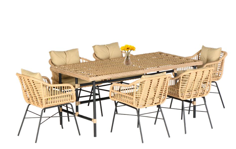High-quality rattan garden furniture set, 7 pieces, dining table with chairs, modern luxury.
