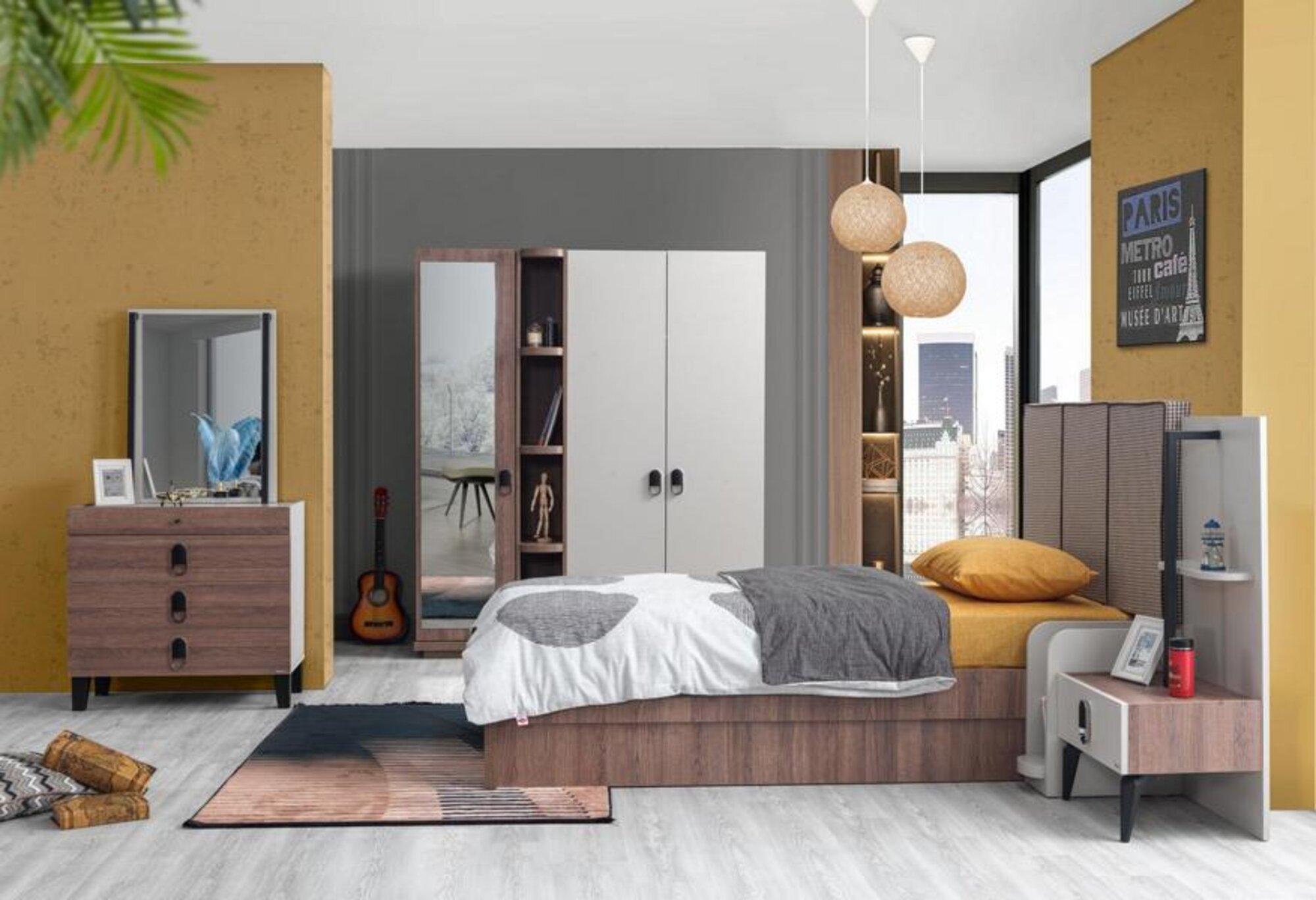 Children\'s room set bed bedside table dresser wardrobe brown modern high quality