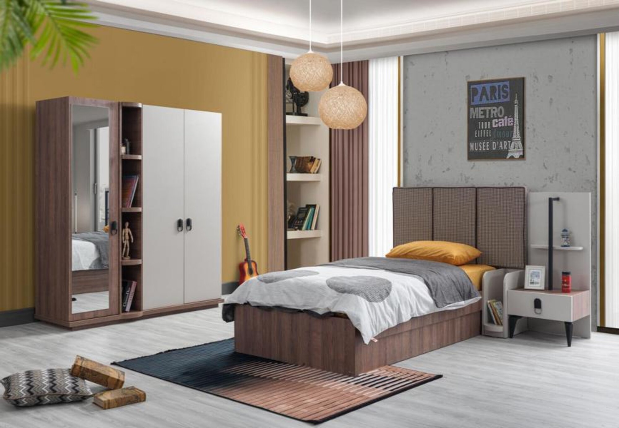 Children\'s room set bed nightstand wardrobe brown modern high-quality furniture