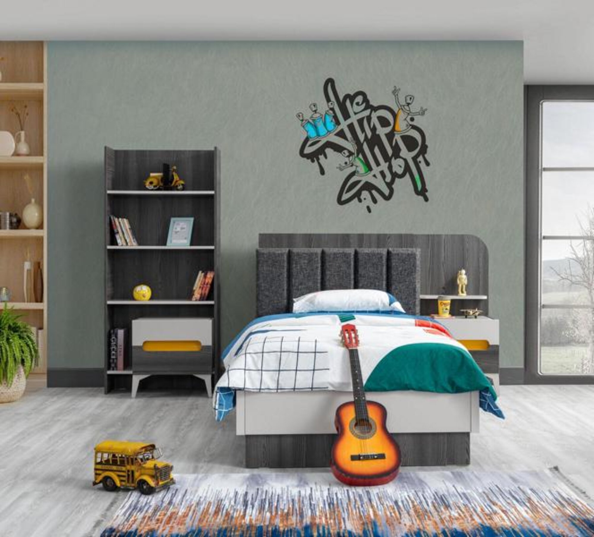 Children\'s room children\'s bed bedside table bookshelf wood furniture gray set