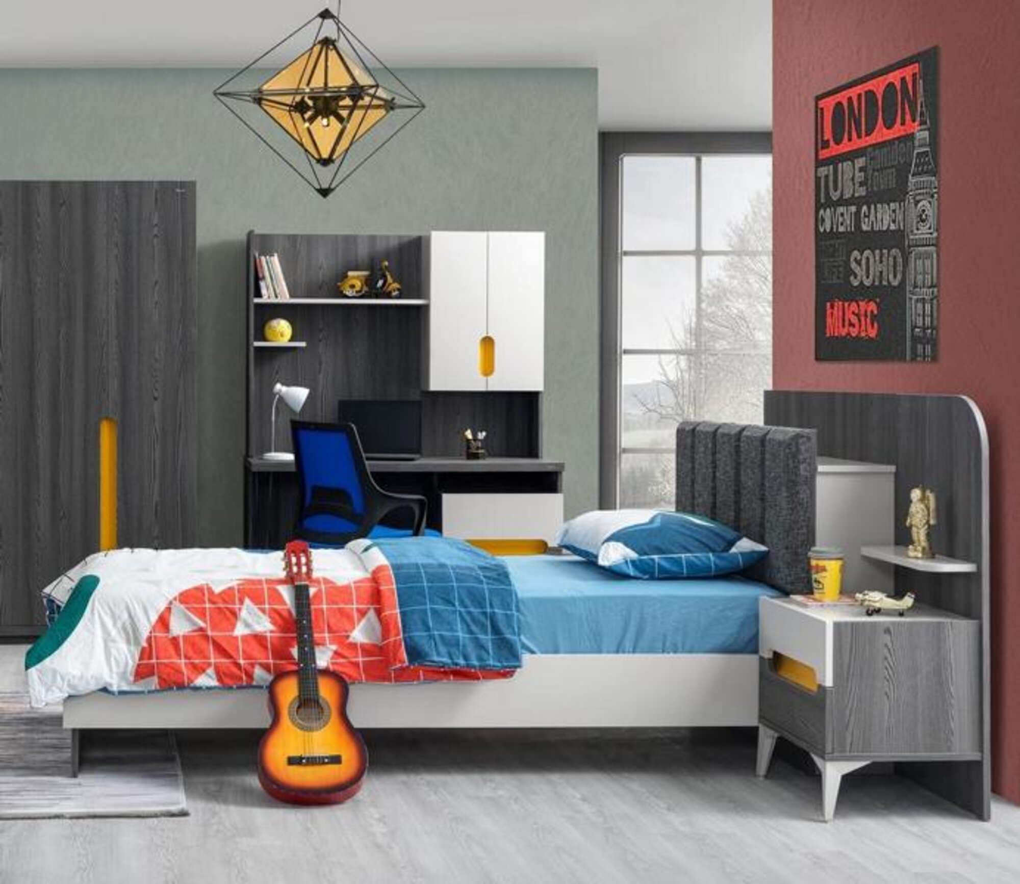 Complete children\'s room set, bed, wardrobe, chest of drawers, top-quality furniture.