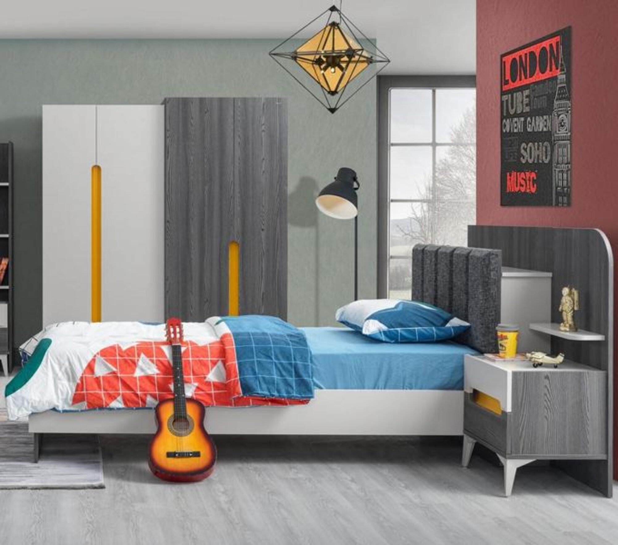 Children\'s room children\'s bed bed nightstand wardrobe wood furniture gray set