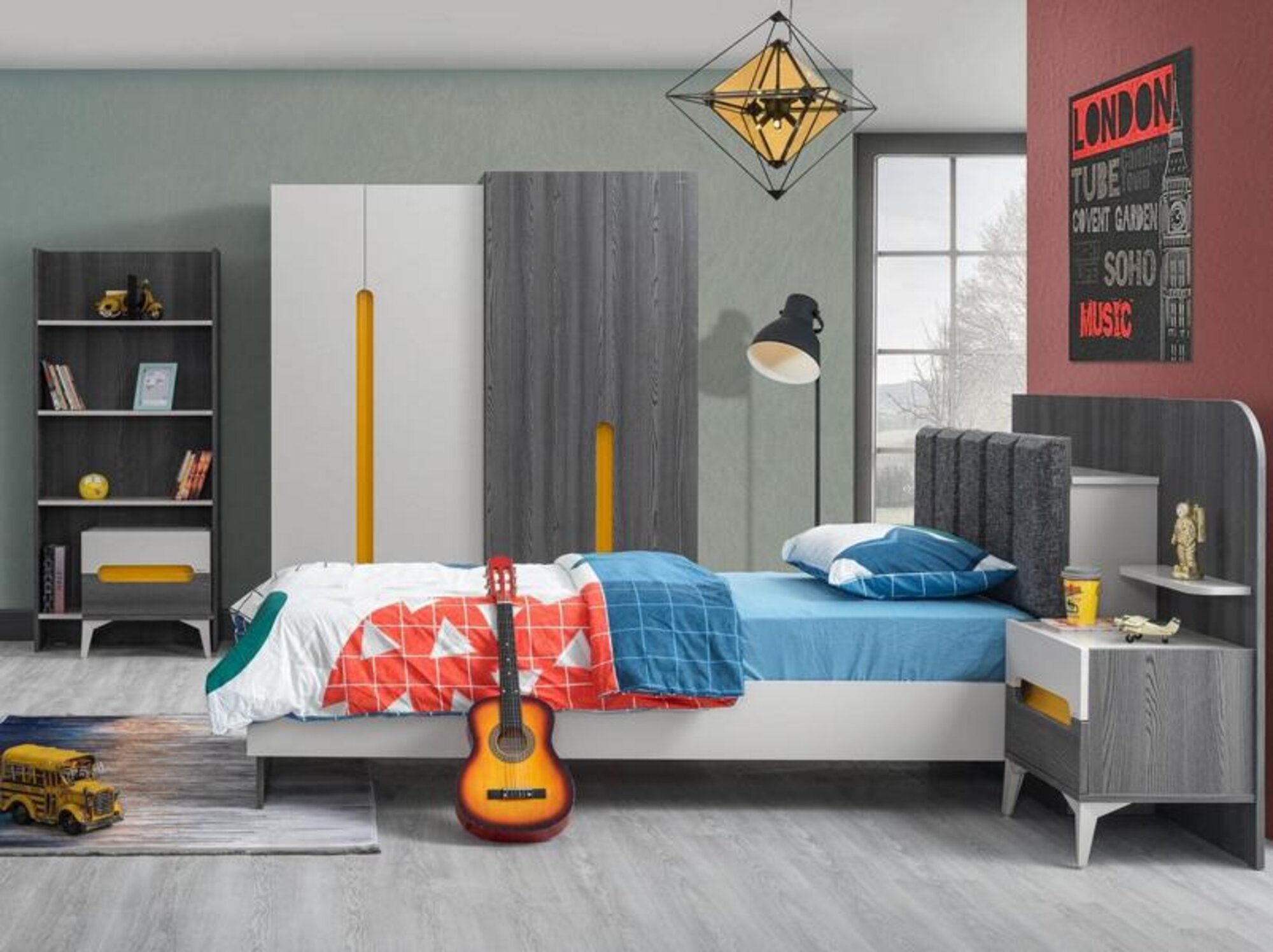 Gray children\'s room set children\'s bed nightstand dresser wardrobe bookshelf