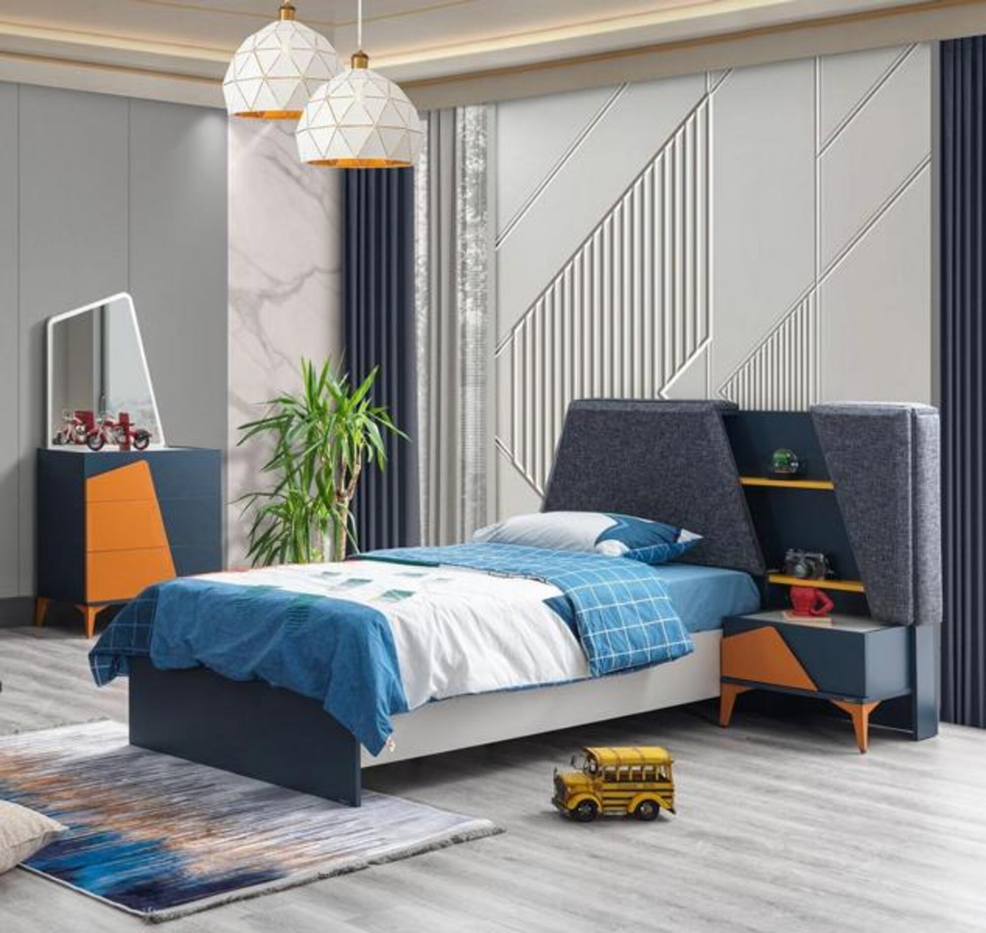 Youth room set blue bed nightstand dresser children\'s top-quality modern furniture