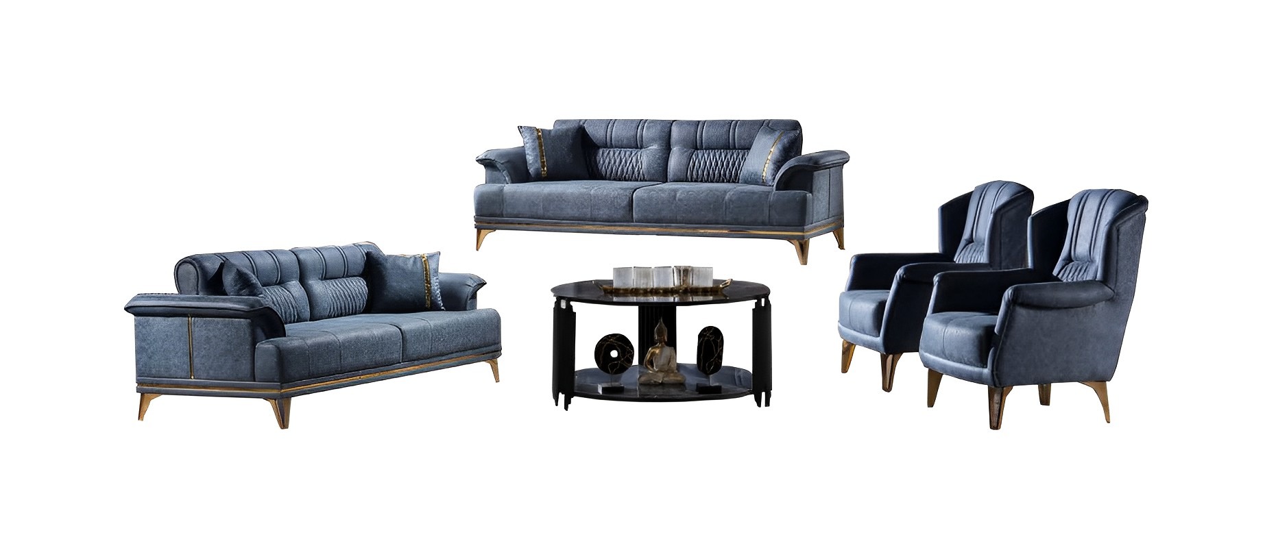 Living room sofa set 3+3+1+1 seating upholstered blue 4-piece modern furniture