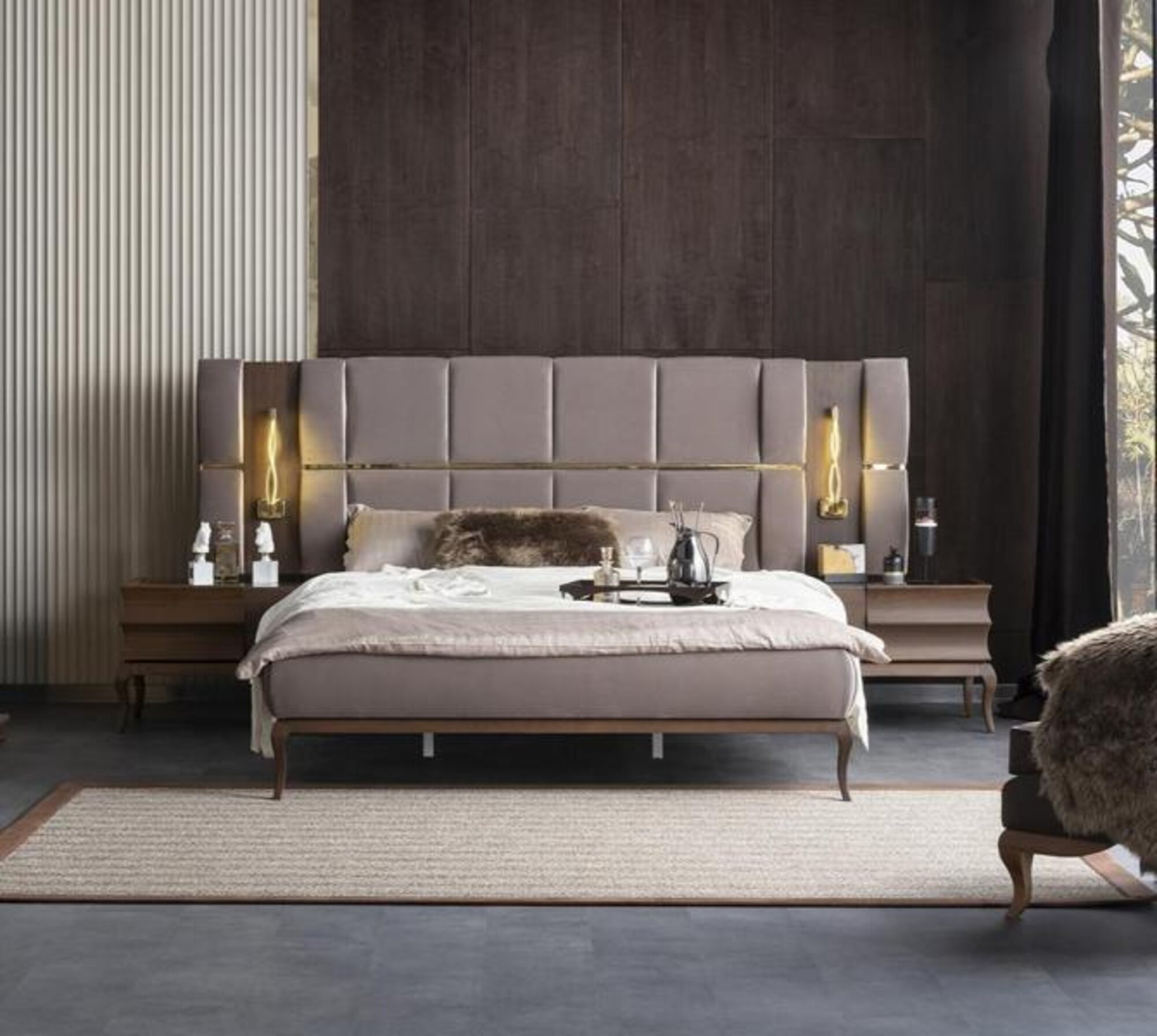 Bedroom bed nightstands mirrored double bed with lighting