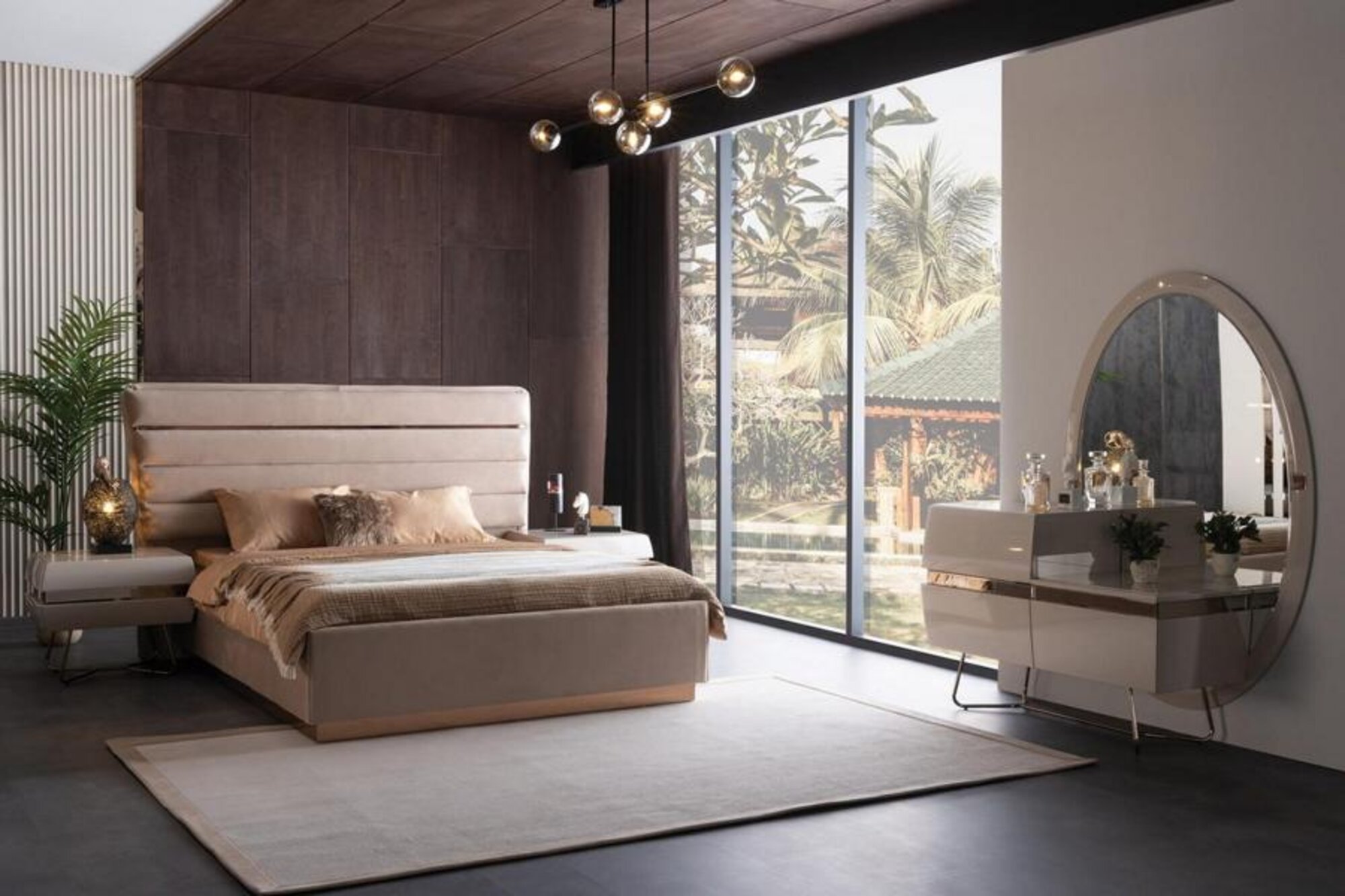 Bed 2x Nightstands Commode with large mirror Bedroom Set Complete 5-piece