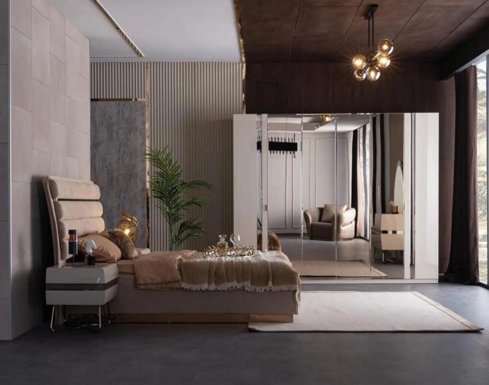 Bedroom set complete bed 2x nightstands mirrored wardrobe