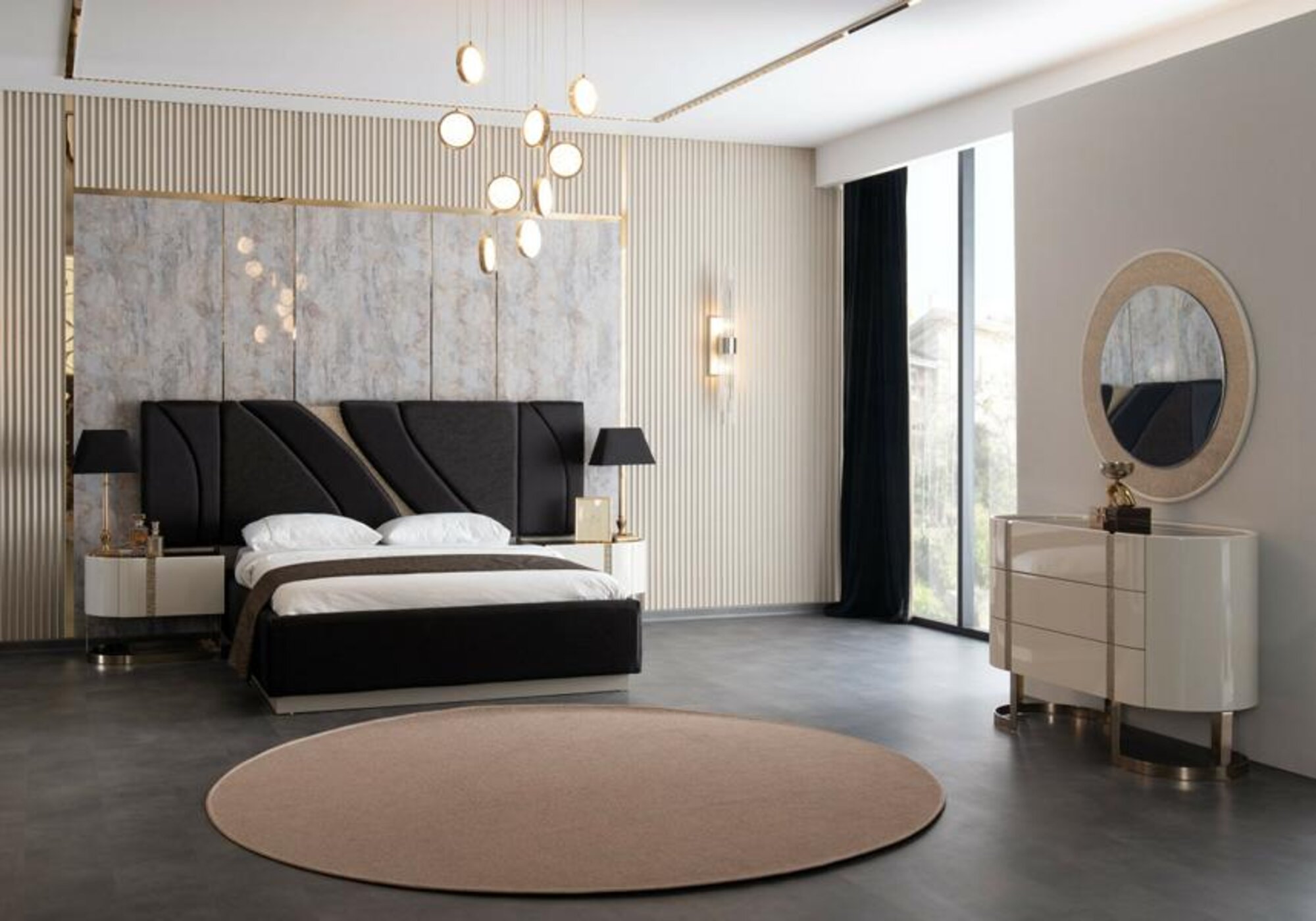 Bedroom set double bed 2x nightstands mirrored dresser mirror