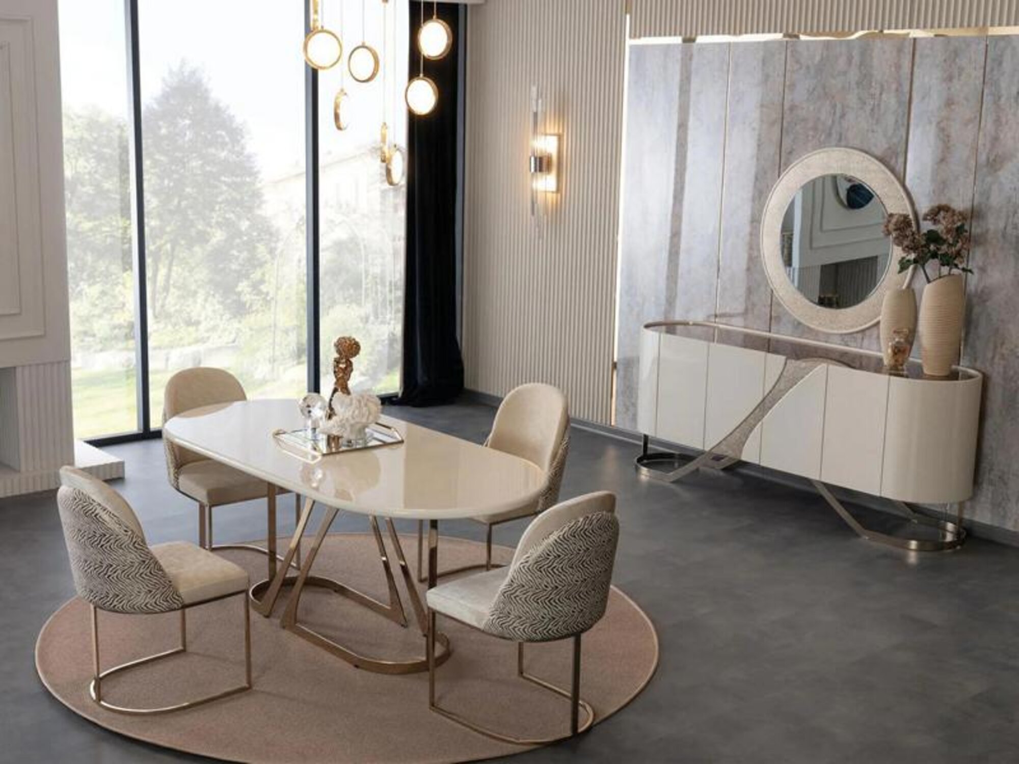 Dining Room Set Dining Table Kitchen Table Chairs Sideboard Mirror Luxury Gold 7-piece