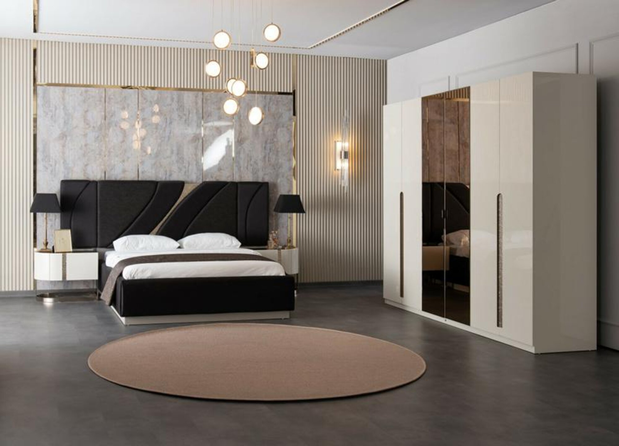 Double bed 2 nightstands wardrobe modern bedroom set 4 pcs