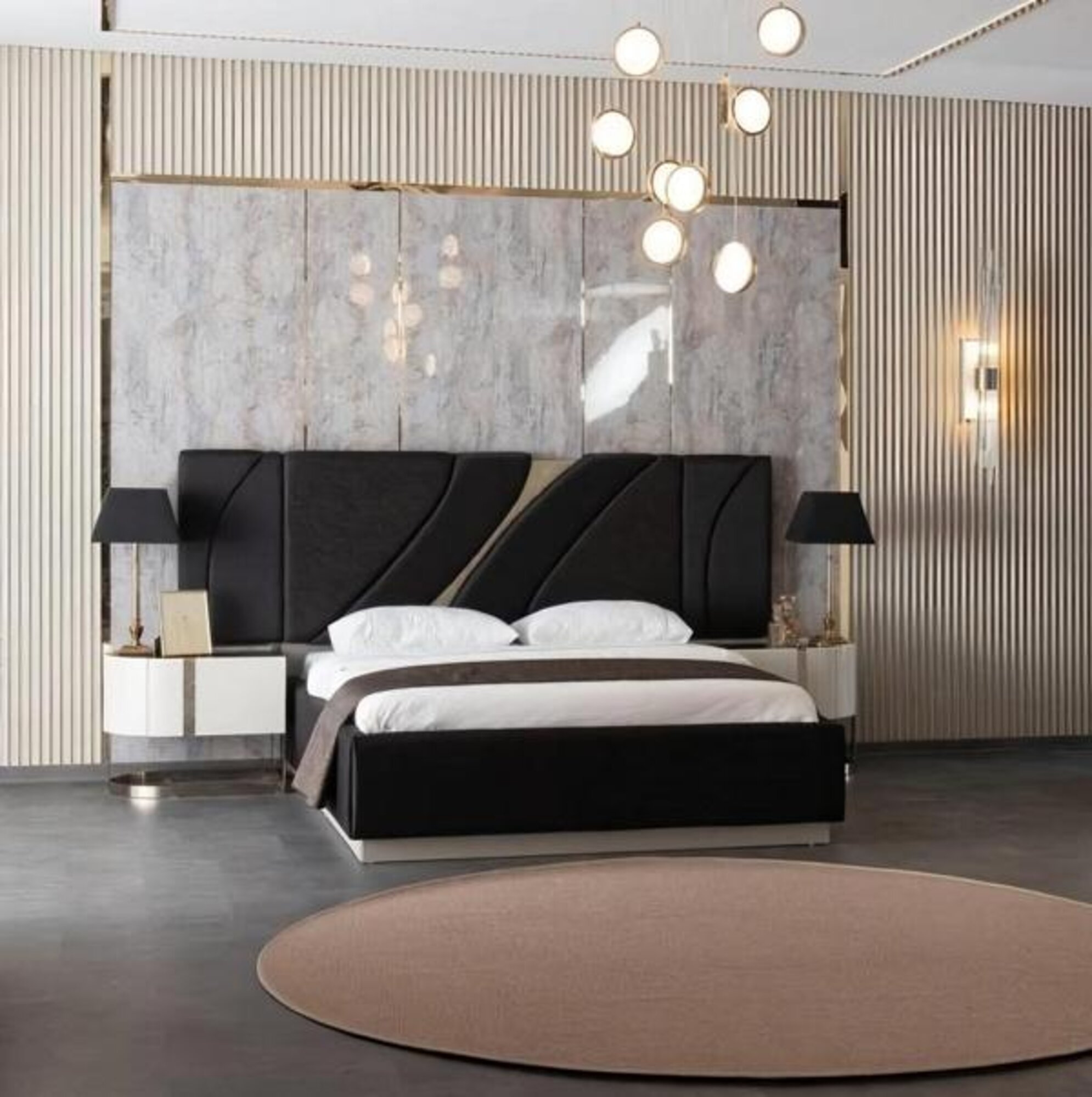 Bedroom set bed 2x nightstands mirrored double bed upholstered bed