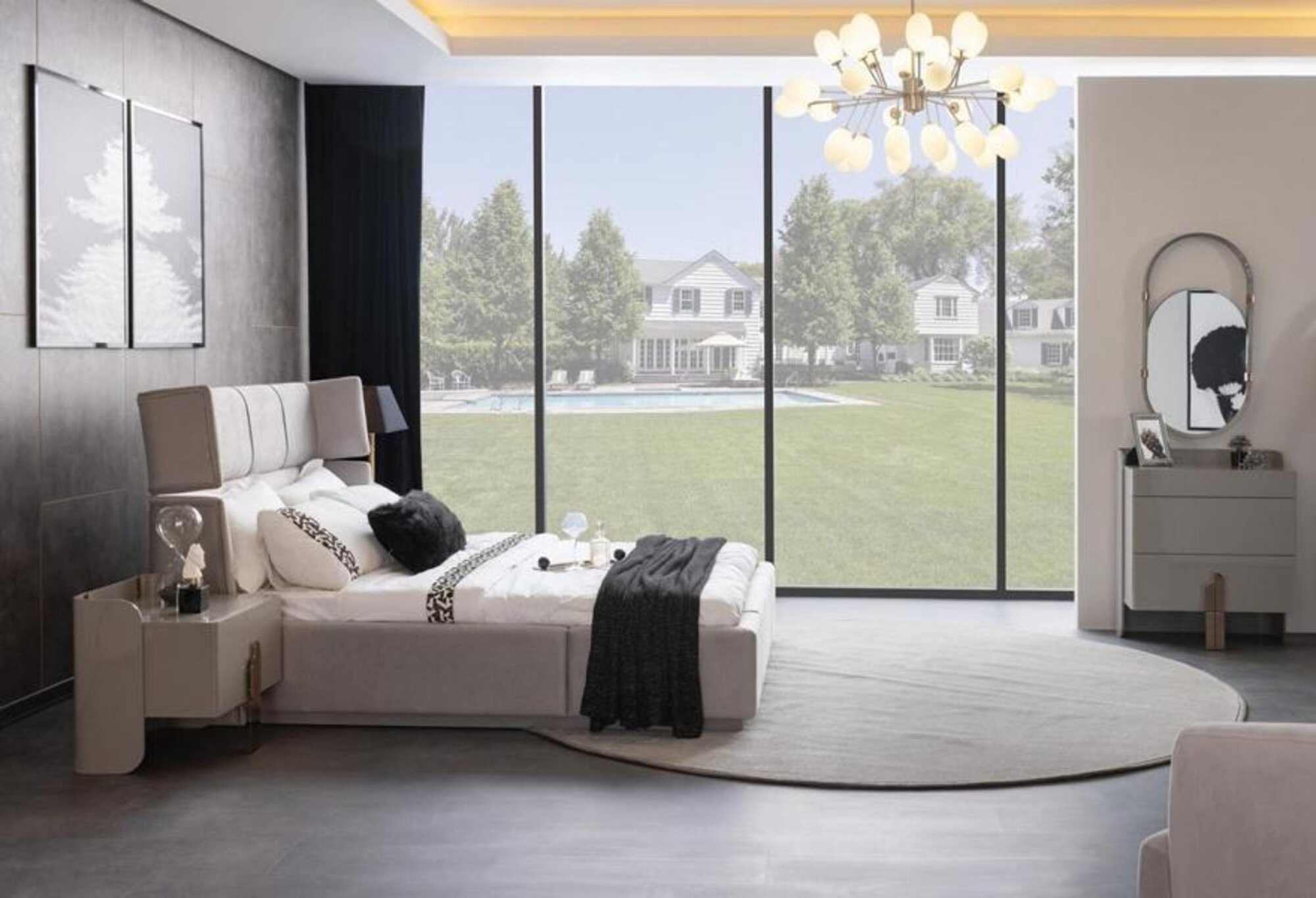 Bedroom double bed nightstands dresser mirror complete room furniture