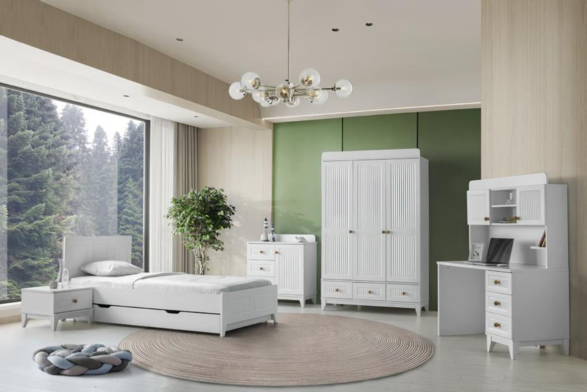 Set bed, nightstand, dresser, desk, modern 5-piece furniture.