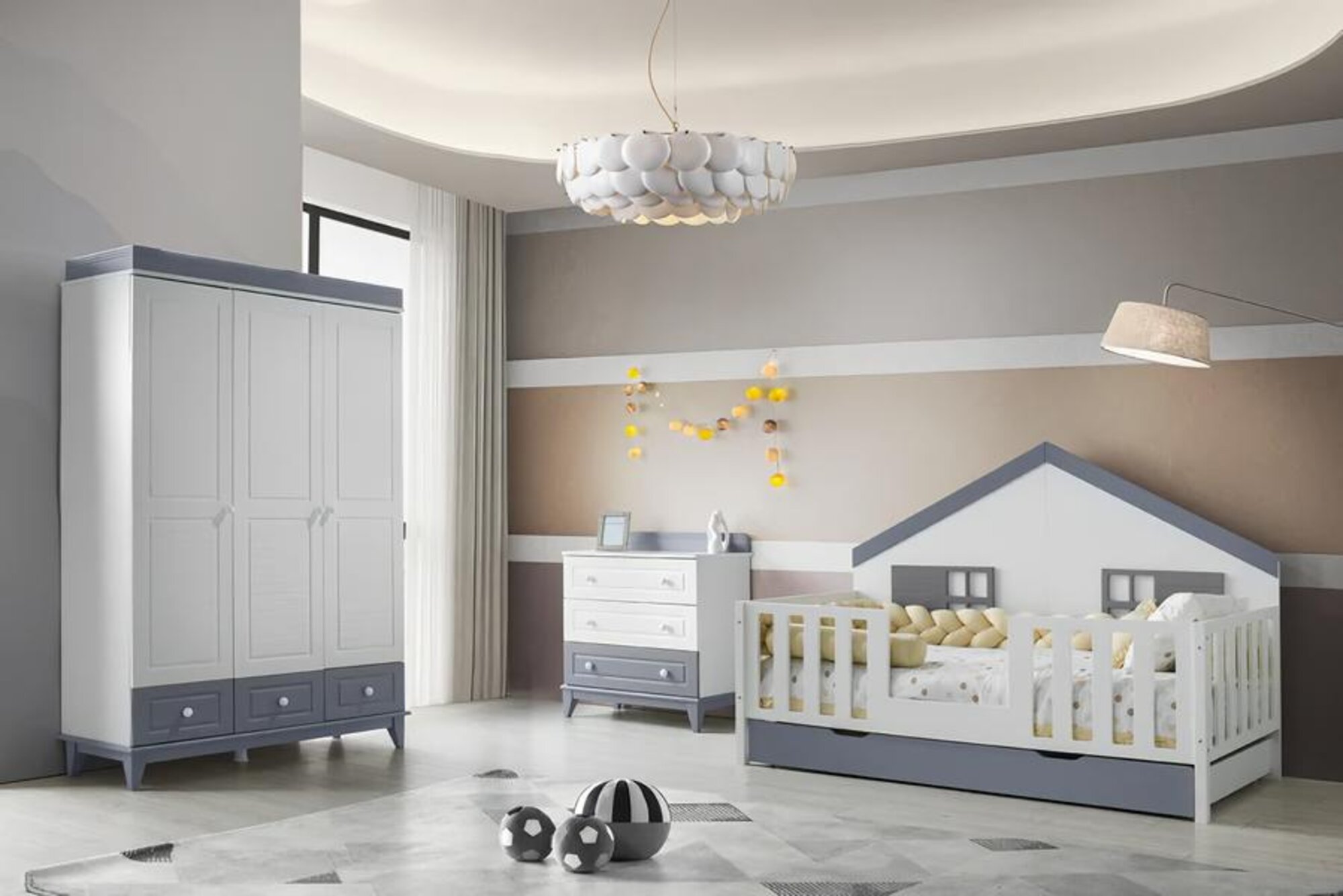 Modern 3-piece children\'s room set house bed, wardrobe & chest of drawers.