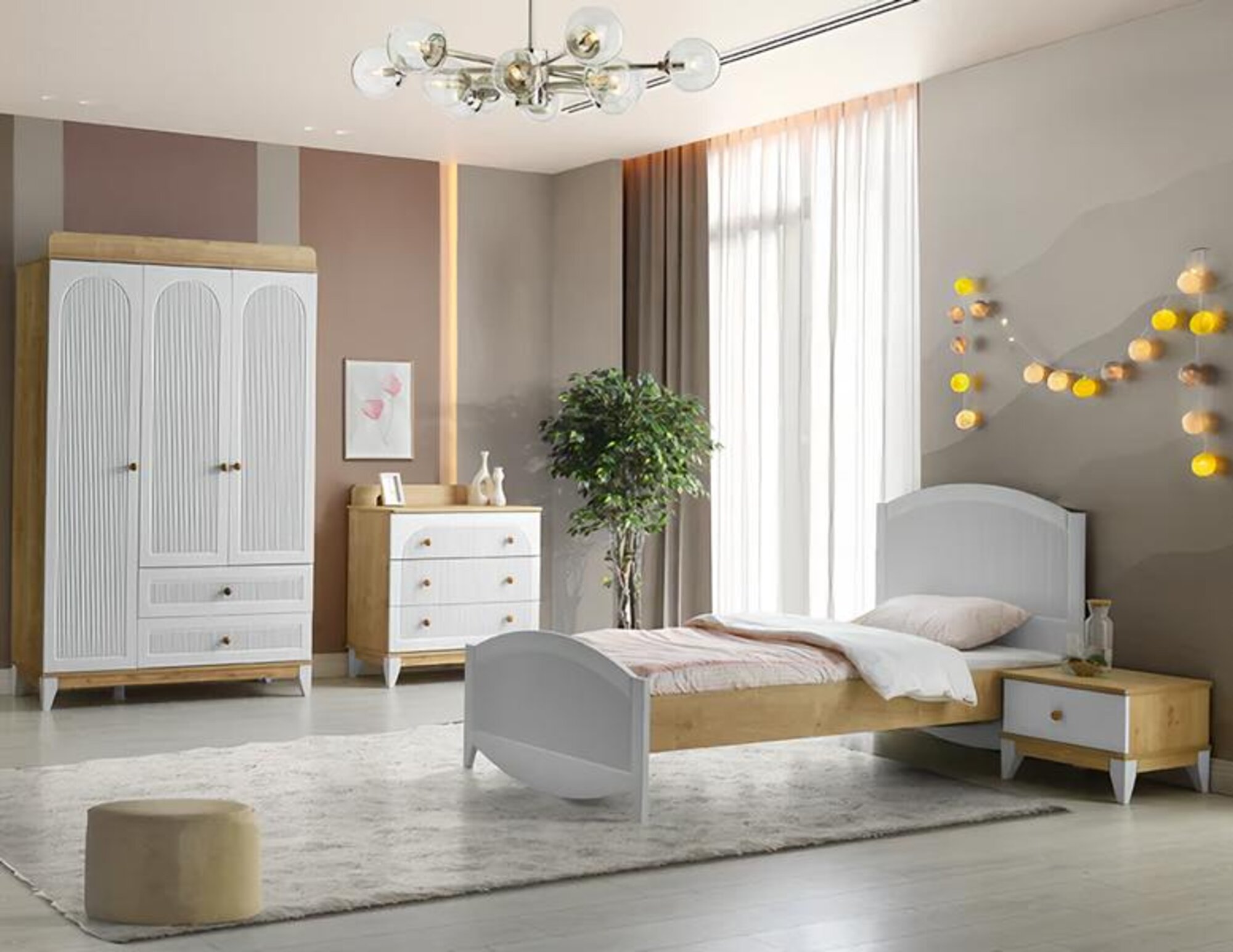 Bed set nightstand cabinet and wardrobe children\'s room bedroom 4-piece