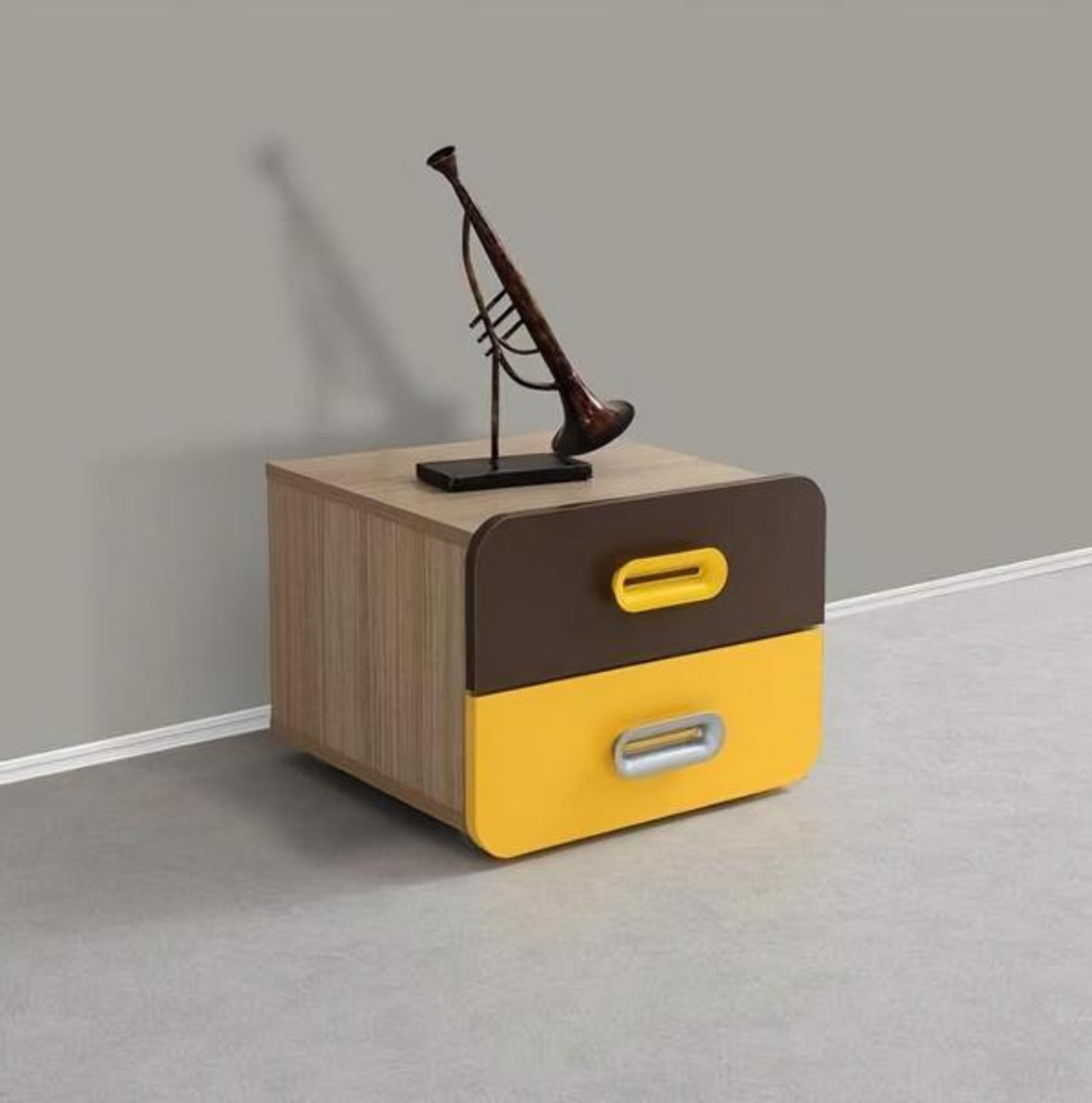 Nightstand Modern Design Yellow Brown Accents Two Drawers Bedroom Furniture