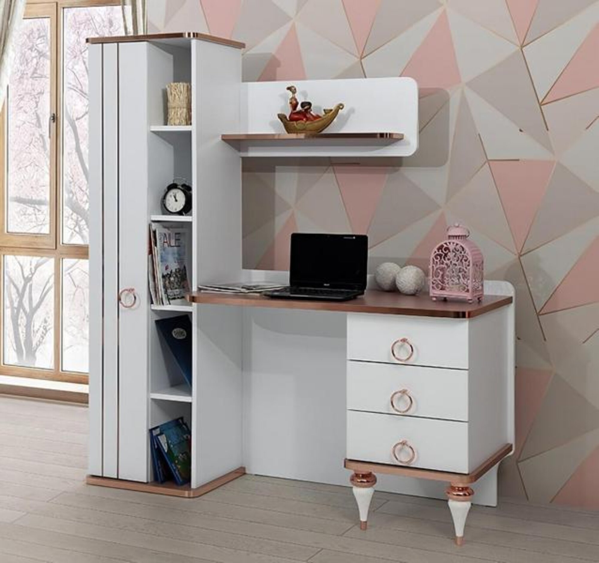 Modern desk design white shelves drawers elegant accents kids\' room