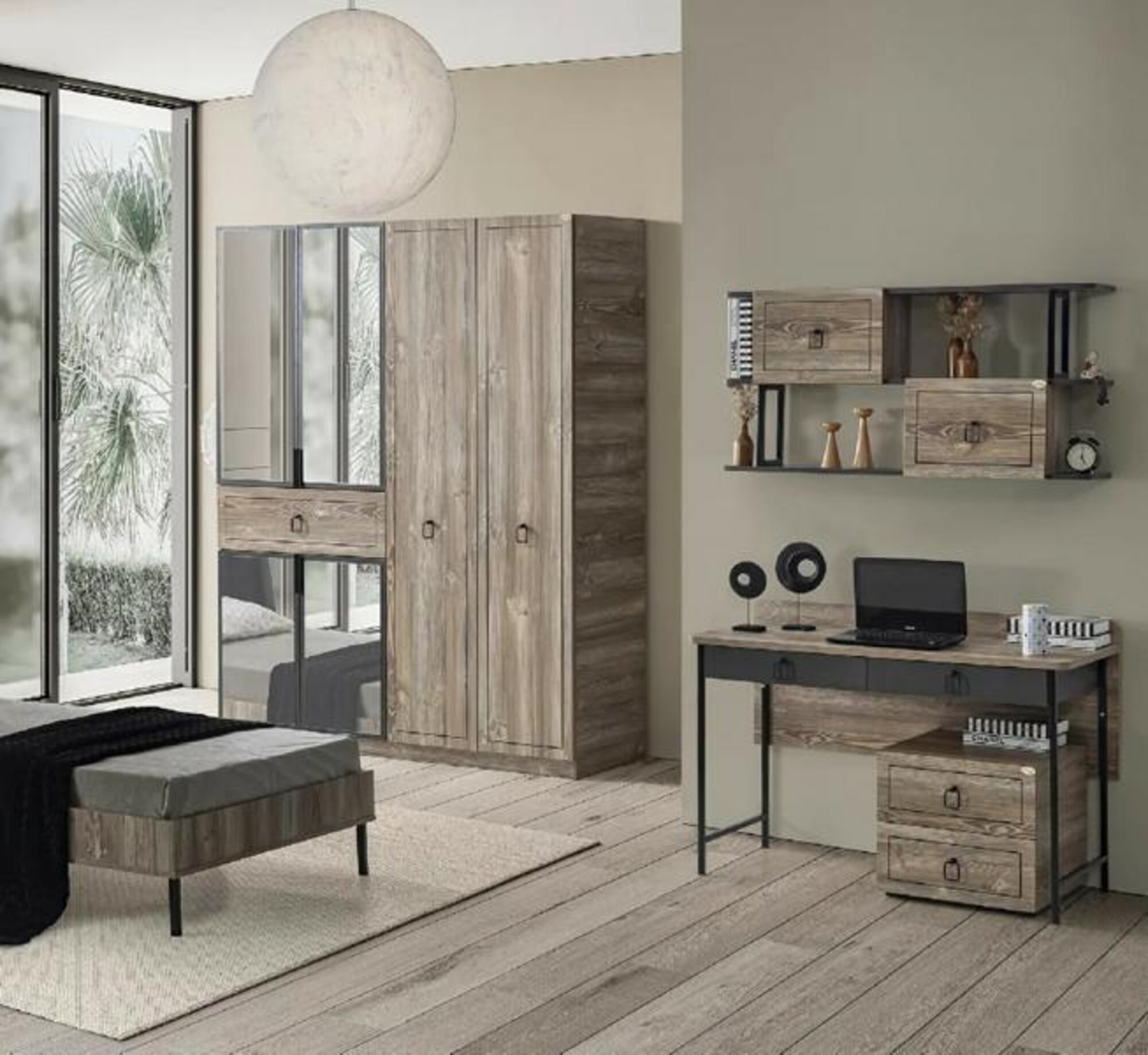 Wardrobe Desk Wood Mirror Storage Black Children\'s Room Furniture