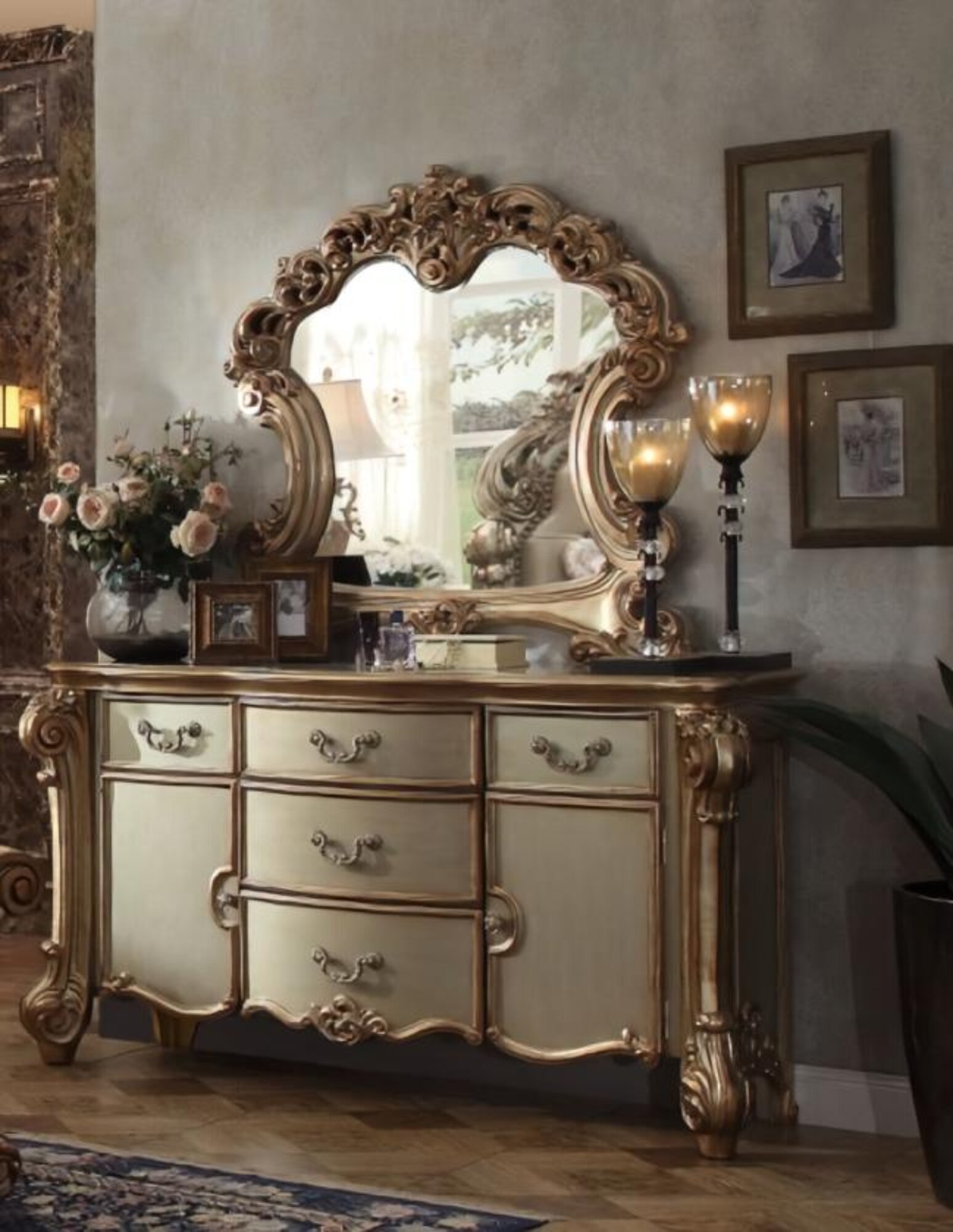 Vanity Table with Mirror Gold Design Luxury Furniture Antique Baroque Style