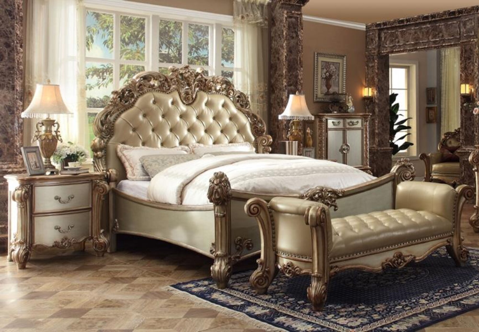 Luxury Classic Bedroom Complete Bed Nightstands Bench Baroque Furniture