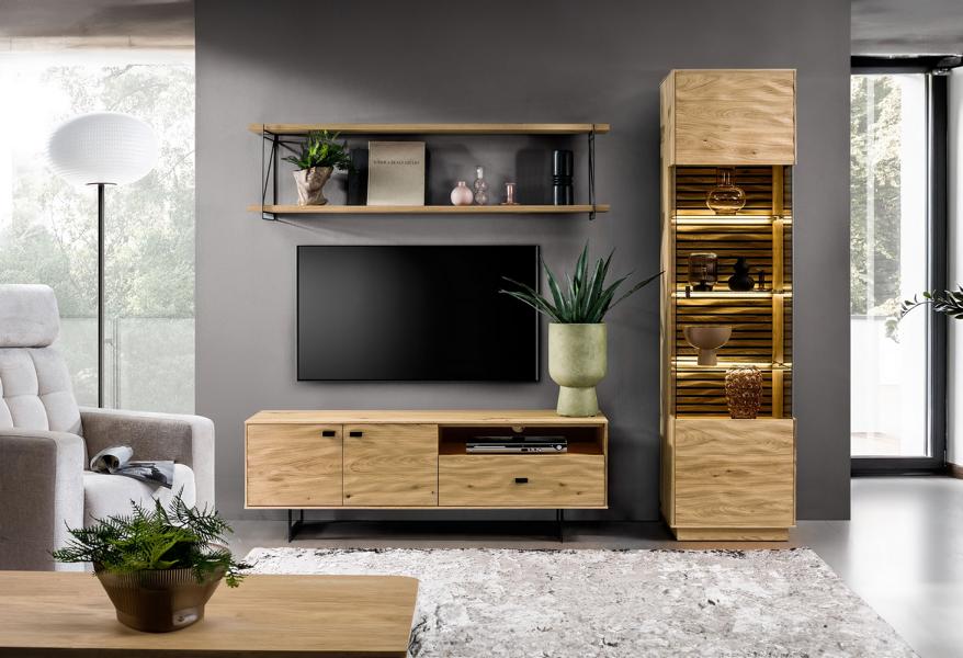 Living Room Set Modern TV Lowboard Media Furniture Brown Wall Shelf