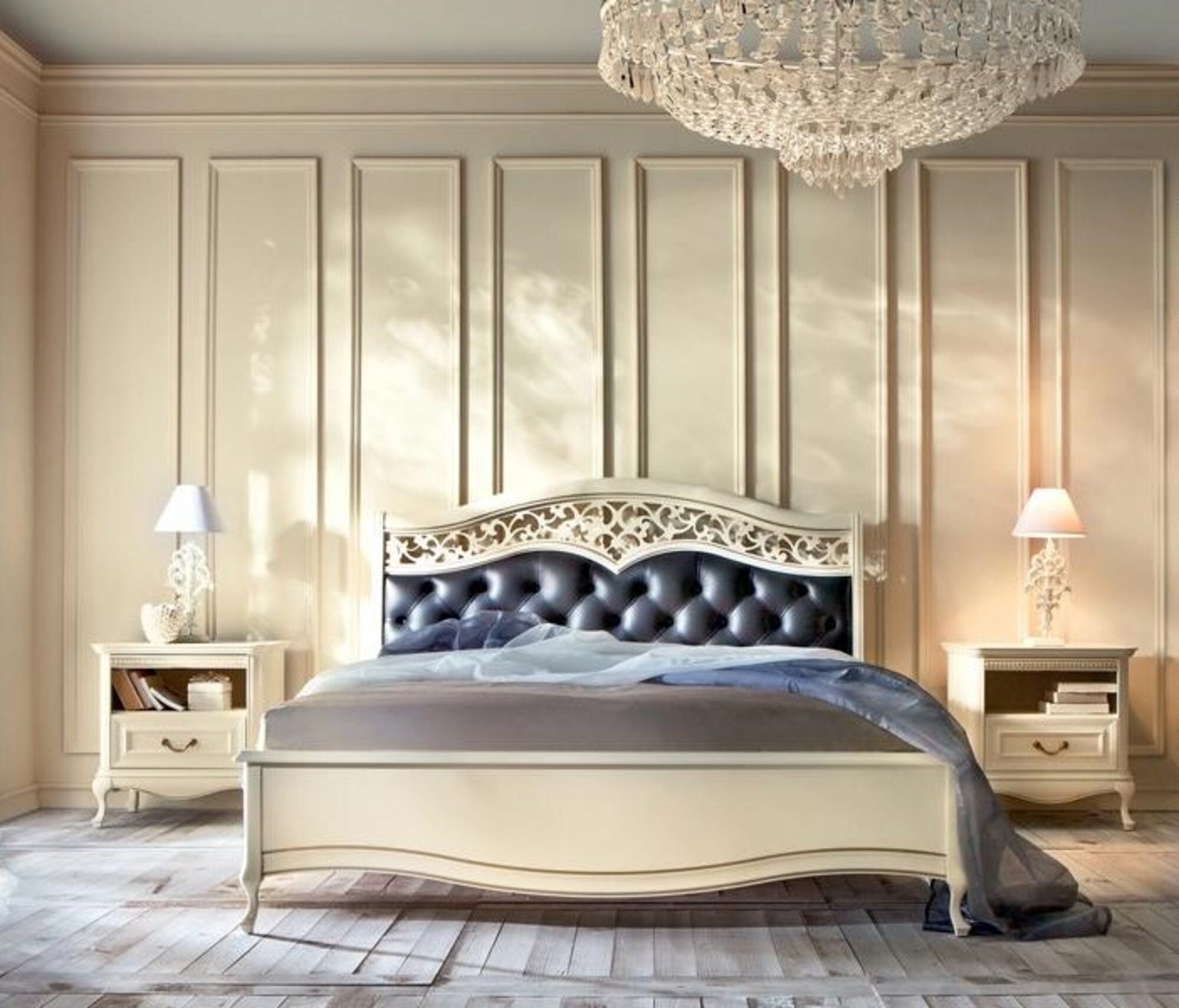 Classic bed 2x bedside tables Stylish furniture bedroom set 3-piece wooden furniture