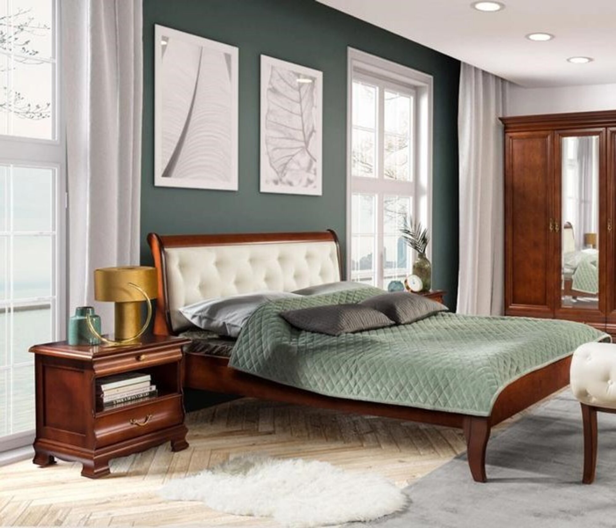 Bedroom Complete Bed Chesterfield Wooden Furniture 2x Nightstands Set 3 pieces