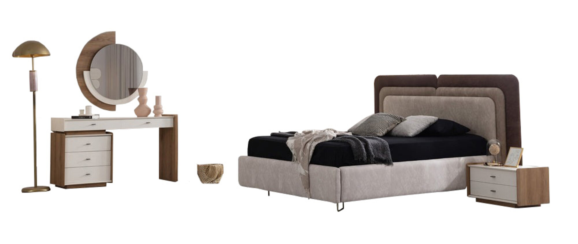 Bright bedroom furniture designer upholstered bed nightstands vanity table