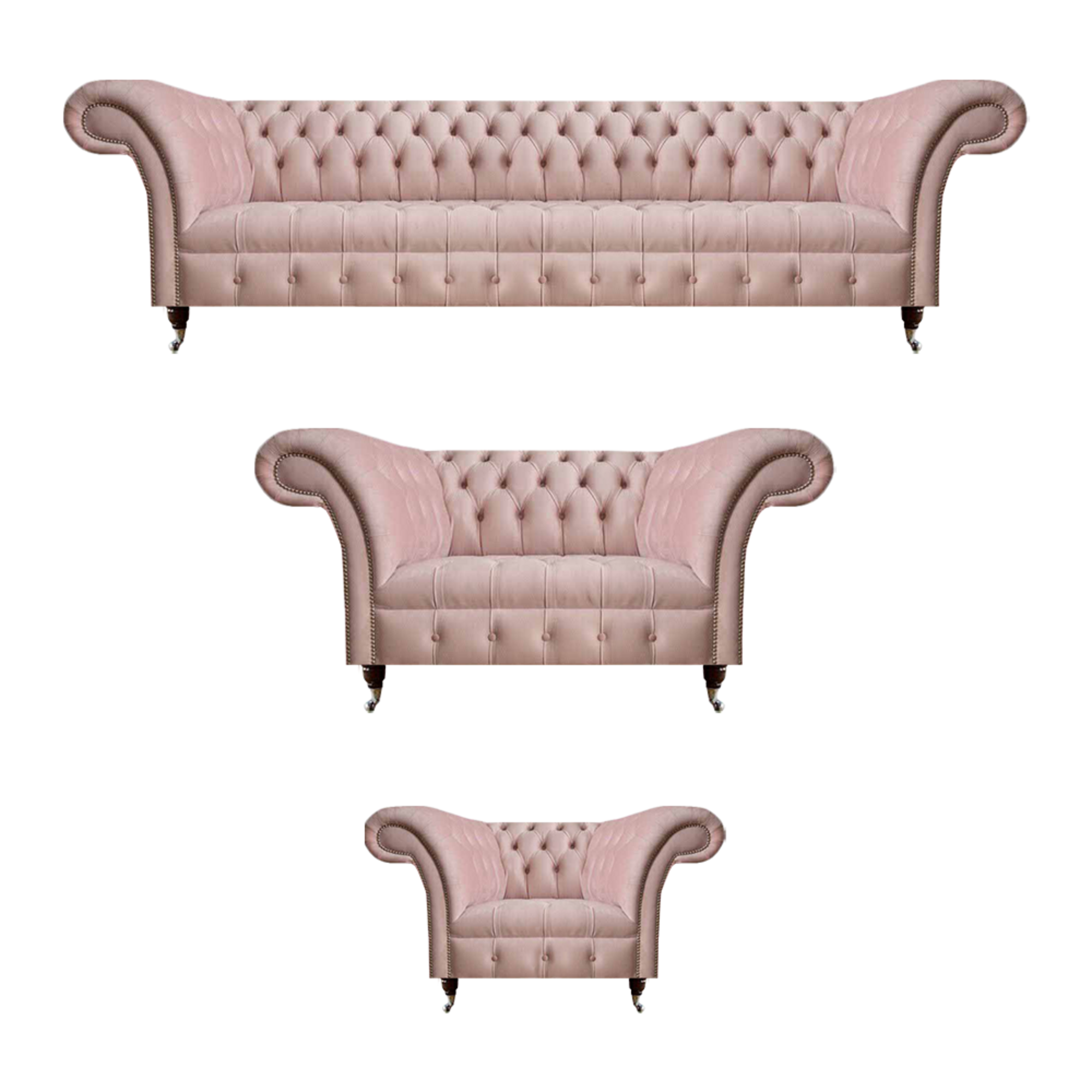Complete pink Chesterfield seating set upholstered four-seater fabric armchair.