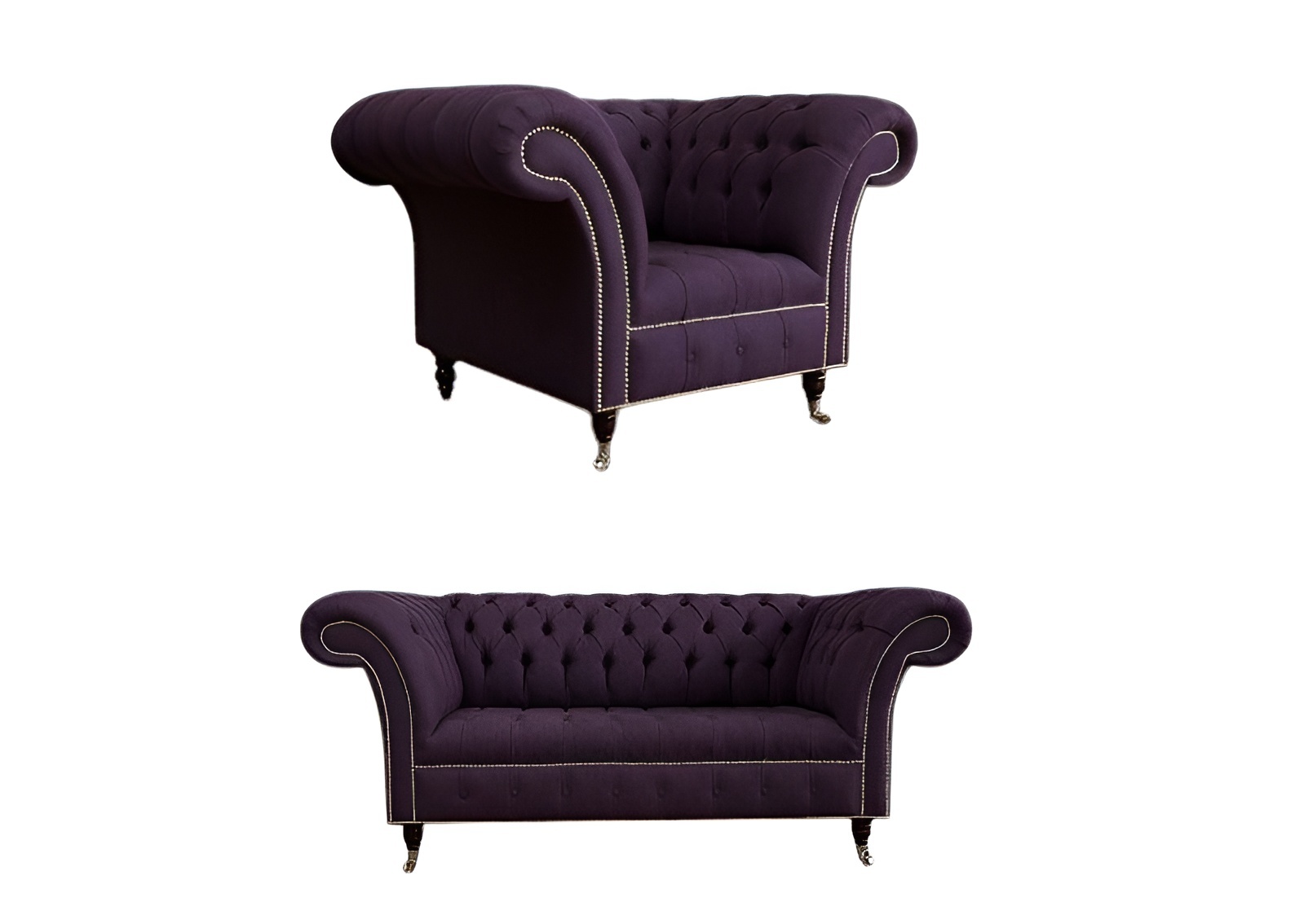 Sofa Set 2+1 Seaters Modern Chesterfield New Purple Textile Comfortable Couches on Casters New
