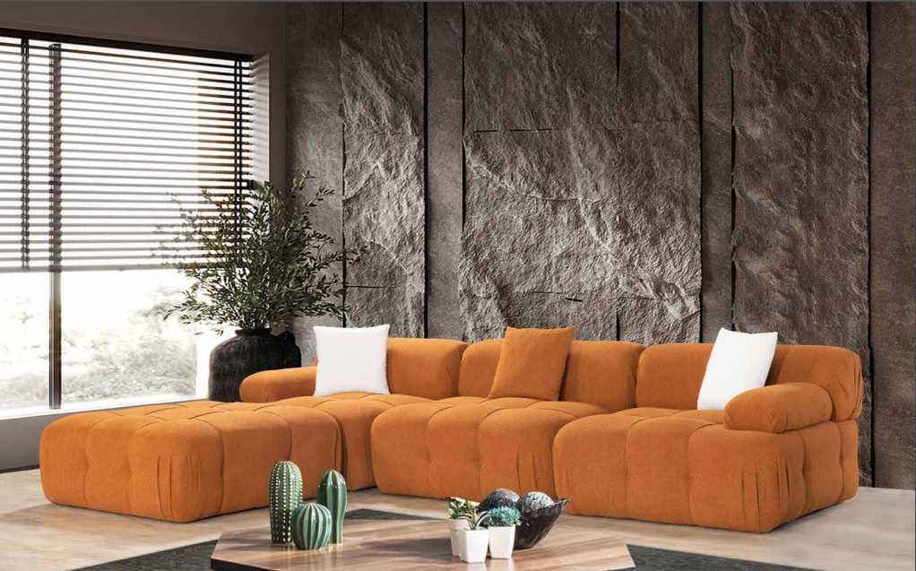 Orange L-shape sofa living room luxury couch corner sofa wood textile furniture