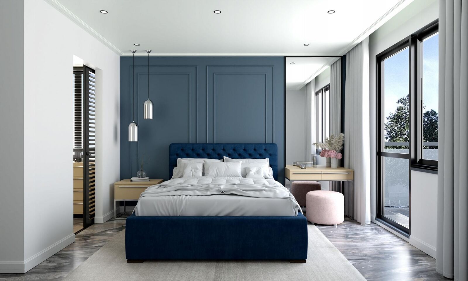 Bed blue modern design fabric upholstery bedroom double bed wood elegant new